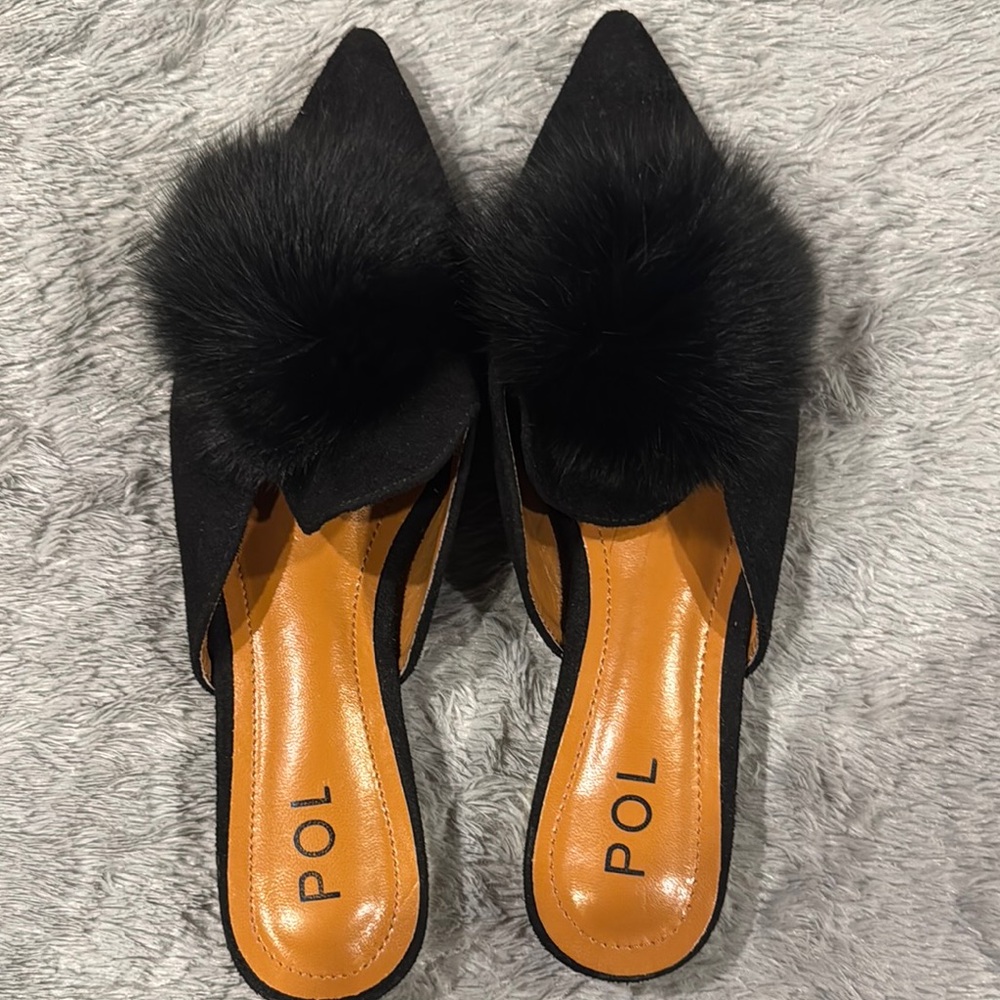 POL Women's Black Fur Slip-On Mules